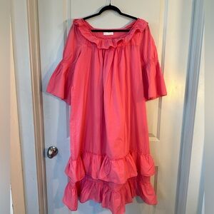 La Nuit Cotton Crisp Ruffle Hem Flowy Modest Pink Flare Sleeve Dress, M/L
